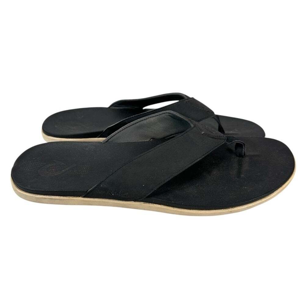 OluKai Holona Black Leather Flip Flop Sandals Mens 12 EU45 Beach Comfort Slides